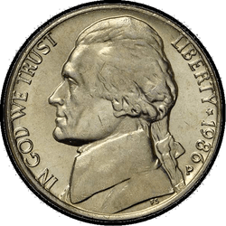 аверс 5¢ (nickel) 1986 "USA - 5 Cents / 1986 - S Todistus"