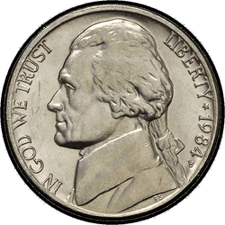 аверс 5¢ (nickel) 1984 "ABD - 5 Cents / 1984 - S Kanıtı"