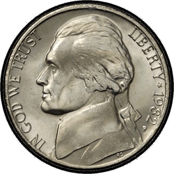 аверс 5¢ (nickel) 1982 "EUA - 5 cêntimos / 1982 - S Proof"