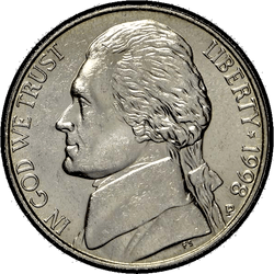 аверс 5¢ (nickel) 1998 "USA - 5 Cents / 1998 - S Todistus"