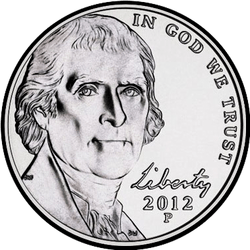 аверс 5¢ (никель) 2012 "США - 5 Cents / 2012 - P"