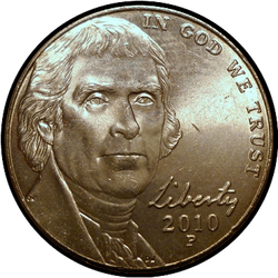 аверс 5¢ (никель) 2010 "США - 5 Cents / 2010 - P"