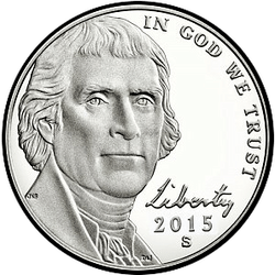 аверс 5¢ (nickel) 2015 "Jefferson, 5 cent / 2015 / P"