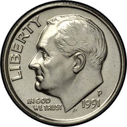 аверс 10¢ (dime) 1991 "الولايات المتحدة الأمريكية - الدايم / 1991 - S الدليل"