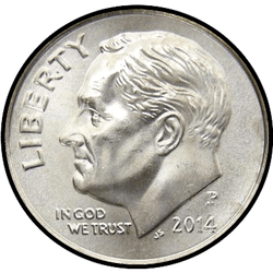 аверс 10¢ (дайм) 2014 "Рузвельт, 10¢ / 2014 / P"