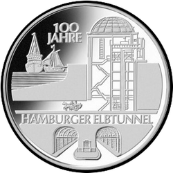 реверс 10€ 2011 "100 лет туннелю под Эльбой в Гамбурге (Ag)"