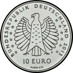 аверс 10€ 2013 "125 años de trabajo "Sobre los rayos de energía eléctrica" ​​por Heinrich Hertz (Ag)"