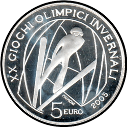 аверс 5€ 2005 "ХХ зимових Олімпійських ігор, Турін 2006 - Лижні стрибки"