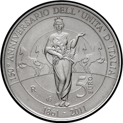 аверс 5€ 2011 "150 гадоў - адзінства Італіі"