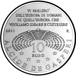 аверс 10 евро 2011 "130 лет со дня рождения Альсид де Гаспери"