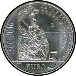 аверс 5 евро 2016 "150 лет со дня основания Военного корпуса Итальянского Красного Креста"