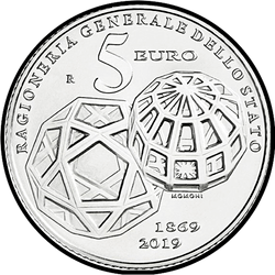 аверс 5€ 2019 "150 ° anniversario della fondazione della Contabilità Generale dello Stato"