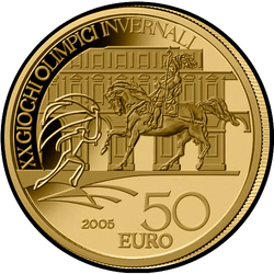 аверс 50€ 2005 "XX. الألعاب الأولمبية الشتوية 2006 في تورينو - تمثال الفروسية إيمانويل دي سافويا"
