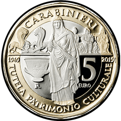 реверс 5€ 2019 "50 aniversario de la fundación del Comando Carabinieri para la Protección del Patrimonio Cultural"