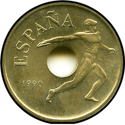 реверс 25 pesetas 1990 "XXV summer Olympic Games, Barcelona 1992 /Olympic Emblem/"