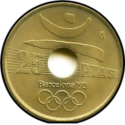 аверс 25 песет 1990 "XXV літні Олімпійські ігри, Барселона 1992 / Олімпійський емблема /"