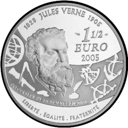 реверс 1½€ 2005 "100. Jahrestag - Tod von Jules Verne, von der Erde zum Mond"