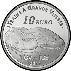 реверс 10€ 2011 "Цягнікі TGV / ICE - чыгуначная станцыя Мец"