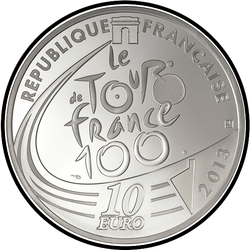 реверс 10€ 2013 "110-річчя - Тур де Франс, кращий початківець / біла куртка /"