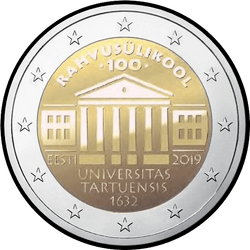 аверс 2€ 2019 "100-річчя передачі навчання на естонську мову в Тартуському університеті"