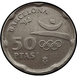 аверс 50 песет 1992 "XXV summer Olympic Games, Barcelona 1992 /Olympic Emblem/"