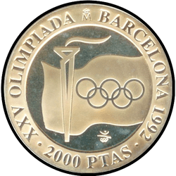 реверс 2000 Peseten 1991 "XXV Olympische Sommerspiele, Barcelona 1992 - Fackel und Ringe"