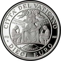 аверс 10€ 2021 "Centenary of the Foundation of the Catholic University of the Sacred Hearth"