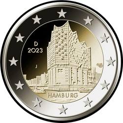 аверс 2€ 2023 "Hamburg (Elbe Philharmonic) - 1st coin of the Federal Lands II series"