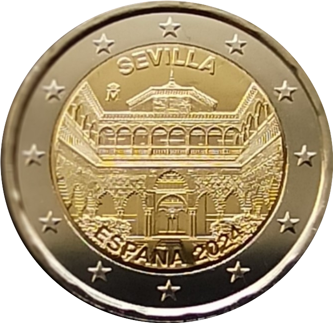 аверс 2€ 2024 "Catedral de Sevilla, Alcázar de Sevilla y Archivo de Indias, España"