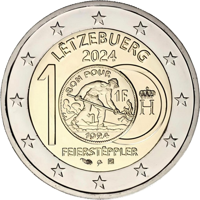 аверс 2€ 2024 "100 лет люксембургскому франку с изображением литейщика, Люксембург"