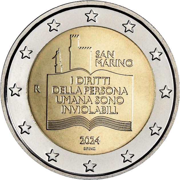 аверс 2€ 2024 "The 50th anniversary of the adoption of the Declaration of the Rights of Citizens and the Basic Principles of the Legal System of San Marino"