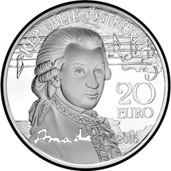аверс 20 евро 2016 "Вольфганг Амадей Моцарт: Гений"