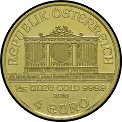 аверс 4€ 2016 "Венская филармония 1/25 oz Gold"