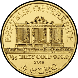 аверс 4€ 2019 "Венская филармония 1/25 oz Gold"