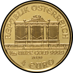 аверс 4€ 2020 "Венская филармония 1/25 oz Gold"