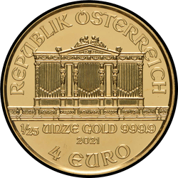 аверс 4€ 2021 "Венская филармония 1/25 oz Gold"