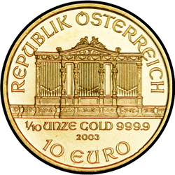 аверс 10€ 2003 "Венская филармония 1/10 oz Gold"