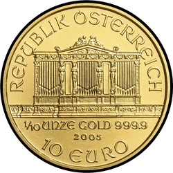 аверс 10 евро 2005 "Венская филармония 1/10 oz Gold"