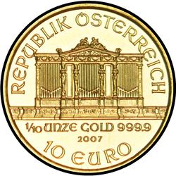 аверс 10 евро 2007 "Венская филармония 1/10 oz Gold"