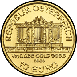 аверс 10€ 2008 "Венская филармония 1/10 oz Gold"