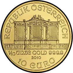 аверс 10 евро 2010 "Венская филармония 1/10 oz Gold"