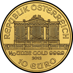 аверс 10 евро 2012 "Венская филармония 1/10 oz Gold"