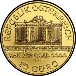 аверс 10€ 2014 "Венская филармония 1/10 oz Gold"