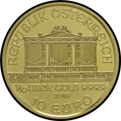 аверс 10 евро 2016 "Венская филармония 1/10 oz Gold"