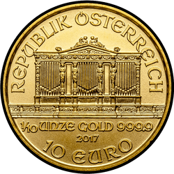 аверс 10 евро 2017 "Венская филармония 1/10 oz Gold"