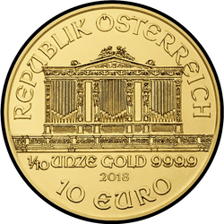аверс 10 евро 2018 "Венская филармония 1/10 oz Gold"