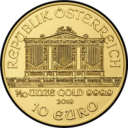 аверс 10€ 2019 "Венская филармония 1/10 oz Gold"