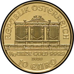 аверс 10€ 2020 "Венская филармония 1/10 oz Gold"