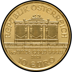 аверс 10€ 2021 "Венская филармония 1/10 oz Gold"