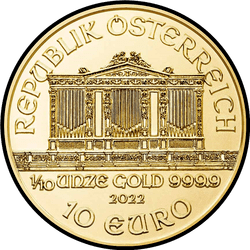 аверс 10€ 2022 "Венская филармония 1/10 oz Gold"